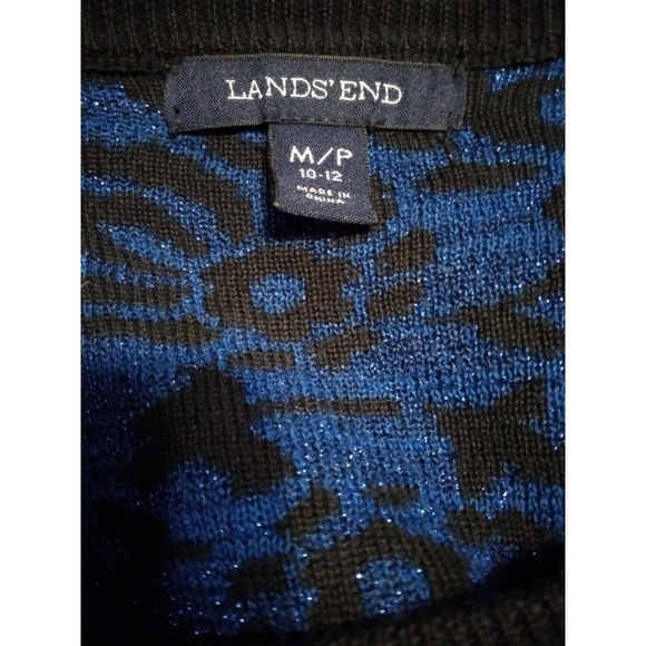 Lands End Cardigan Button Front  Blue/Black Floral Design w. Shimmer Tapered M - Picture 4 of 9